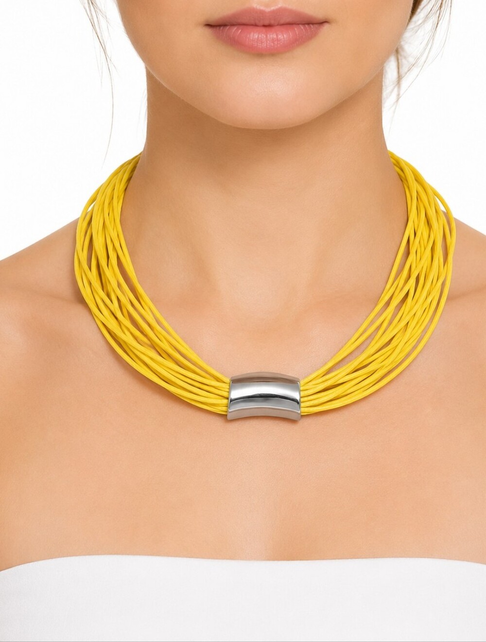 Yellow Multi-Strand Statement Necklace Silver Tone Modern Boho